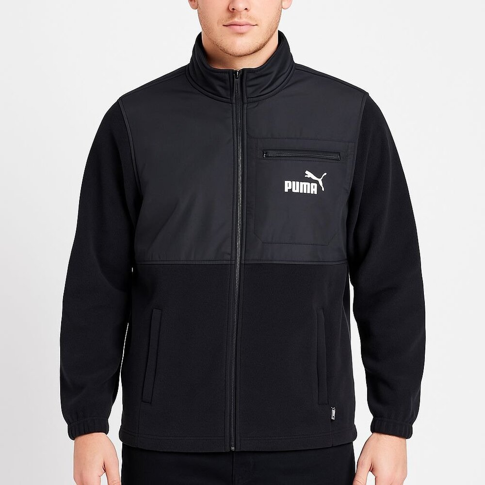 Puma Mens Black Zip-Up Fleece Jacket With Nylon Chest Panel & Logo Size XL